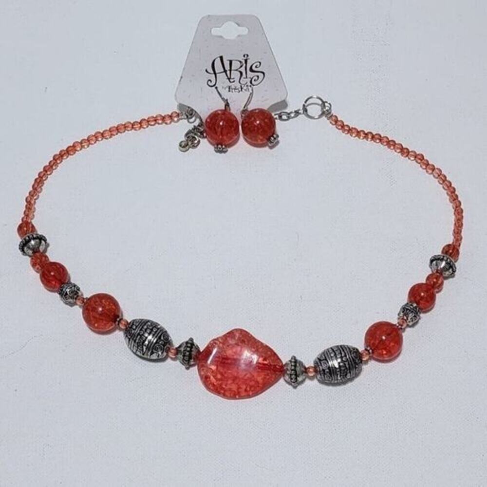 Aris by Treska Orange Crackle Bead Necklace and Earrings Set Silver Tone Boho